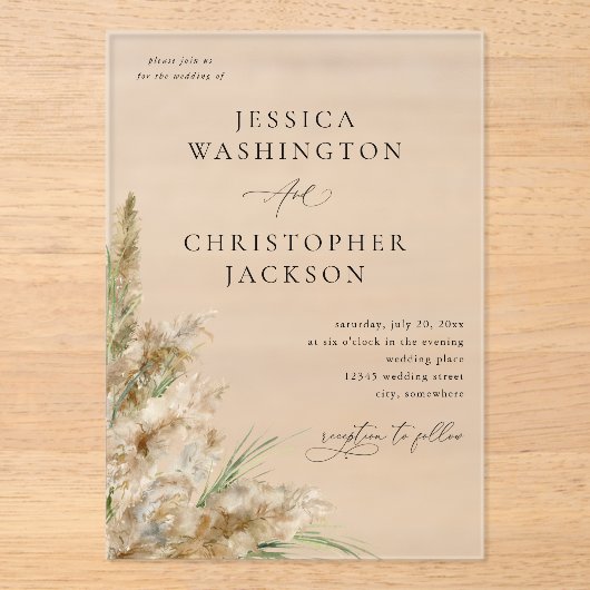 Invitations En Acrylique Beachy Boho Pampas Grass Mariage V2 (Recto)