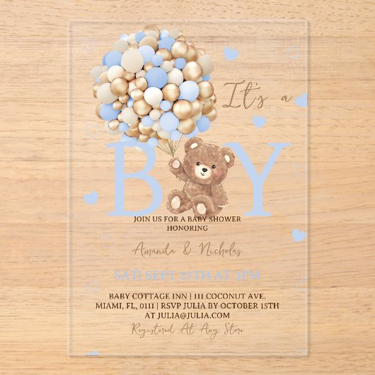 Invitations En Acrylique Bear C'est un Baby shower garçon (Recto)