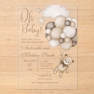 Invitations En Acrylique bear with balloons baby shower