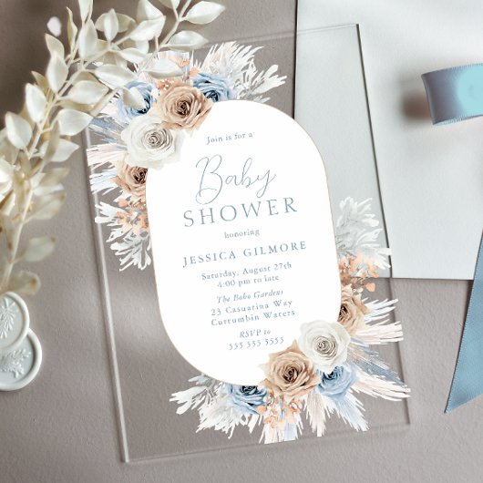 Invitations En Acrylique Beau Baby shower Floral Boho Blue