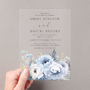 Invitations En Acrylique Beau Mariage floral bleu Dusty