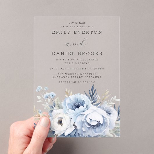 Invitations En Acrylique Beau Mariage floral bleu Dusty (In situ (ordinateur de poche))