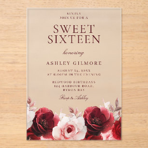 Invitations En Acrylique Beau Rouge & Blush Floral Sweet 16 Anniversaire
