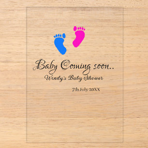 Invitations En Acrylique Bébé à venir bientôt baby shower bleu rose pieds d