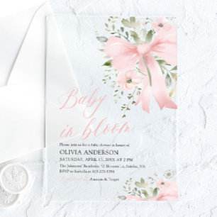 Invitations En Acrylique Bébé au Nœud Rose en Fleur Florale Fille Baby Show