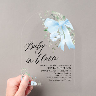 Invitations En Acrylique Bébé au ruban bleu en fleurs Arche pour Baby Showe