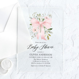 Invitations En Acrylique Bébé au ruban rose Baby Shower Florale