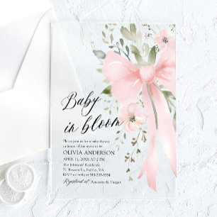 Invitations En Acrylique Bébé au ruban rose Baby Shower Florale