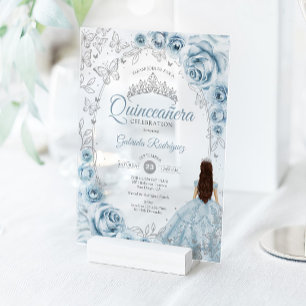 Invitations En Acrylique Bébé Bleu Argent Floral Quinceanera