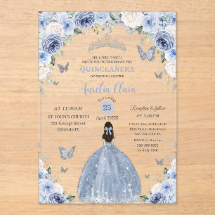 Invitations En Acrylique Bébé Bleu Blanc Floral Princesse Quinceañera XV 16