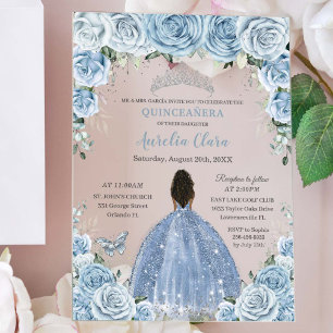Invitations En Acrylique Bébé bleu Floral Brown Princesse Silver Quinceañer
