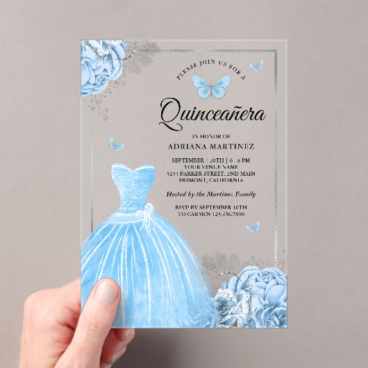 Invitations En Acrylique Bébé Bleu Floral Papillon Argent Quinceanera (In situ (ordinateur de poche))