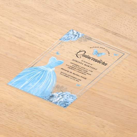 Invitations En Acrylique Bébé Bleu Floral Papillon Argent Quinceanera (Poser)