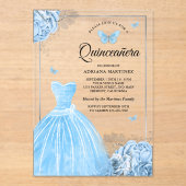 Invitations En Acrylique Bébé Bleu Floral Papillon Argent Quinceanera (Recto)