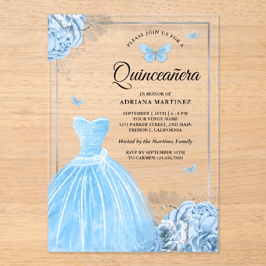 Invitations En Acrylique Bébé Bleu Floral Papillon Argent Quinceanera (Recto)