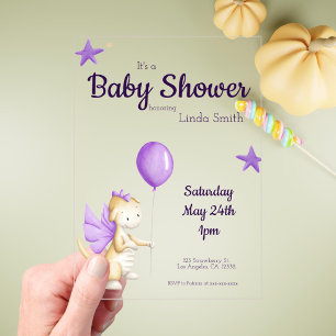 Invitations En Acrylique Bébé Dragon Mignon Fille Rose Baby Shower Violet