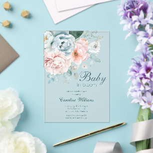 Invitations En Acrylique Bébé en Fleur Aquarelle Dusty Baby shower bleu
