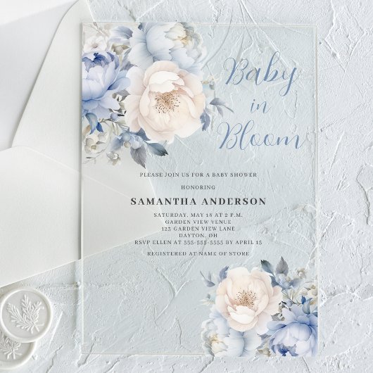 Invitations En Acrylique Bébé En Fleur Bleu Floral Baby shower Garçon