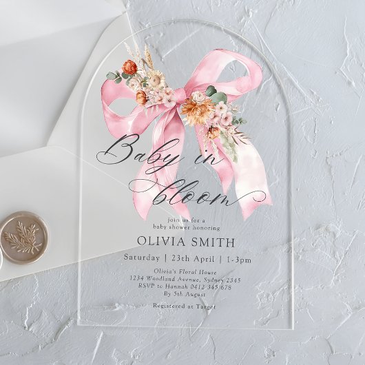Invitations En Acrylique Bébé en Fleur Bow rose Floral Baby shower moderne