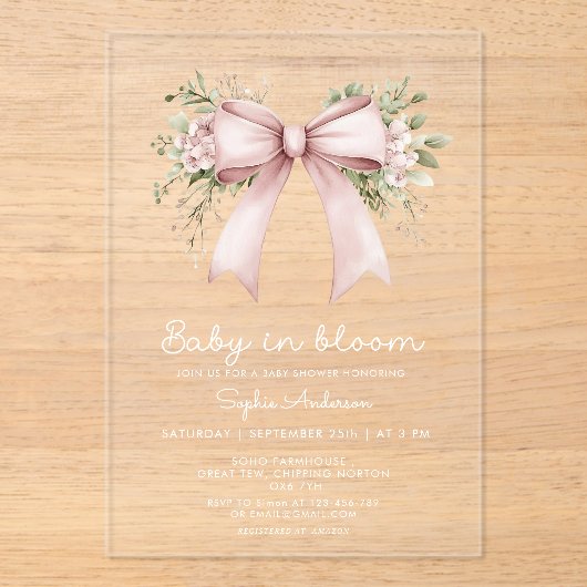 Invitations En Acrylique Bébé En Fleur Coquette Baby shower Bow Rose (Recto)