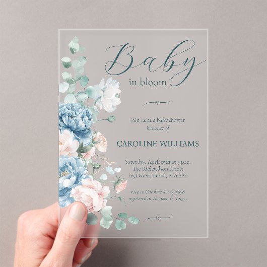 Invitations En Acrylique Bébé en fleur Dusty Baby shower bleu (In situ (ordinateur de poche))