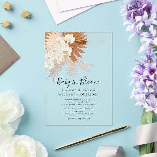 Invitations En Acrylique Bébé en Fleur Pampas Grass Boho Floral Douche (Insitu (Mariage))