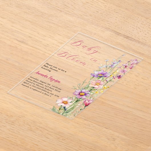 Invitations En Acrylique Bébé en fleur rose fleurie violet Baby shower clai (Poser)
