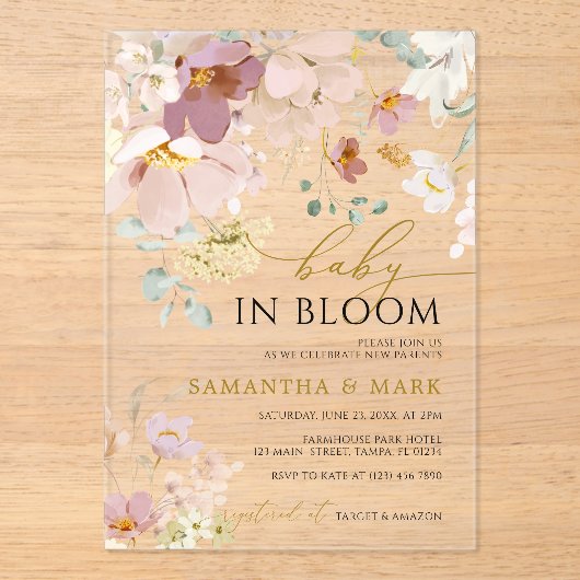 Invitations En Acrylique Bébé en Fleur Rose & Rouge Fleur sauvage Douche (Recto)