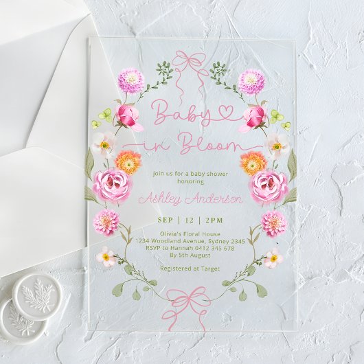 Invitations En Acrylique Bébé en fleurs Baby shower cou rose