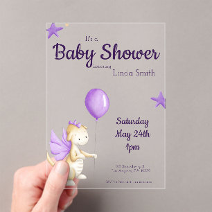 Invitations En Acrylique Bébé mignon Dragon Purple Girl Baby shower