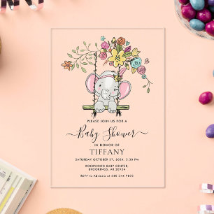 Invitations En Acrylique Bébé mignon Eléphant Fille Flore Baby shower à nei