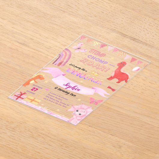 Invitations En Acrylique Bébé mignon fille rose Dino Dinosaur Anniversaire (Poser)