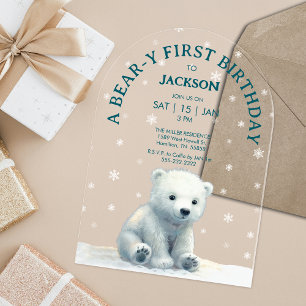 Invitations En Acrylique Bébé Ours Polaire clair premier anniversaire