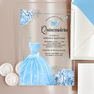 Invitations En Acrylique Bébé Papillon Floral Bleu Argent Quinceanera