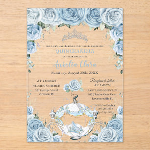 Invitations En Acrylique Bébé Quinceañera Bleu Floral Cinderella Coach