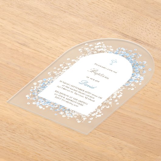 Invitations En Acrylique Bébé Respiration blanc bleu bébé garçon Baptême (Poser)