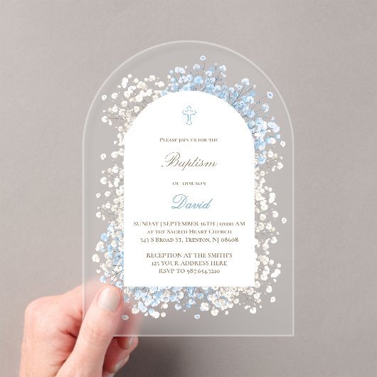 Invitations En Acrylique Bébé Respiration blanc bleu bébé garçon Baptême (In situ (ordinateur de poche))