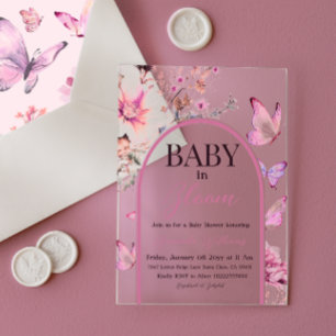 Invitations En Acrylique Bébé rose papillon en fleur Baby shower fille