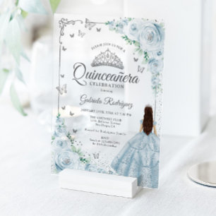 Invitations En Acrylique Bébé Roses Aquarelle Bleu Clair Quinceanera Argent