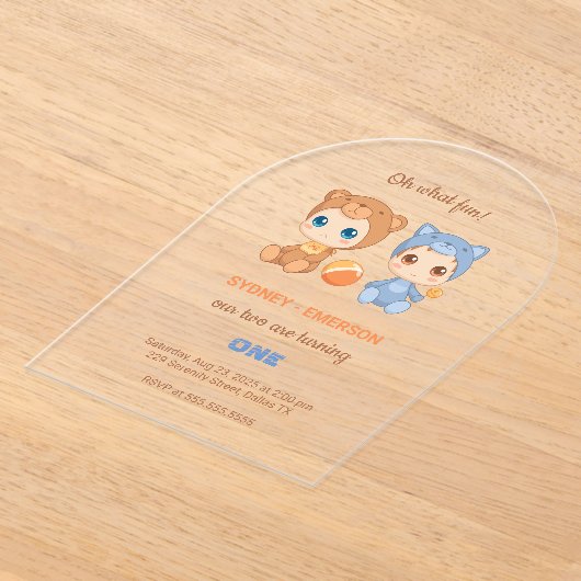Invitations En Acrylique Bébé Twins Premier Anniversaire Chat Ours Transpar (Poser)