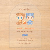 Invitations En Acrylique Bébé Twins Premier Anniversaire Chat Ours Transpar (Recto)