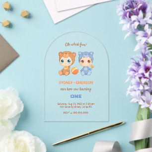 Invitations En Acrylique Bébé Twins Premier Anniversaire Chat Ours Transpar