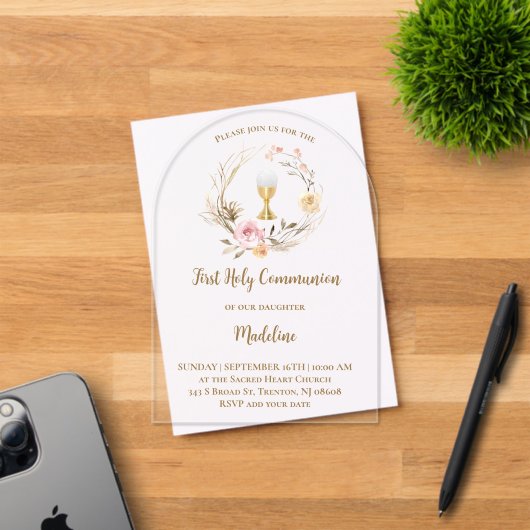 Invitations En Acrylique beige pink flowers | First Communion (Insitu (Carte d'invitation))