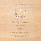 Invitations En Acrylique beige pink flowers | First Communion (Recto)