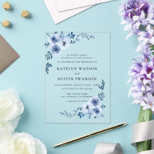 Invitations En Acrylique belle aquarelle bleu foncé mariage (Insitu (Mariage))