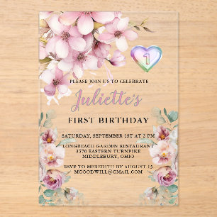 Invitations En Acrylique Belle Aquarelle rose Fleurs Premier Anniversaire