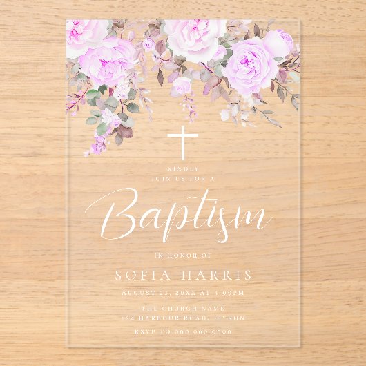 Invitations En Acrylique Belle Lavande Violet Violet Bébé Fille Baptême (Recto)