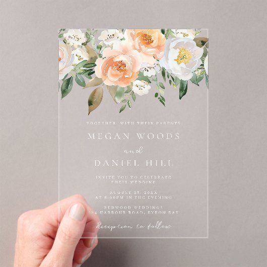 Invitations En Acrylique Belle Pêche Élégante & Mariage Floral Blanc (In situ (ordinateur de poche))