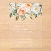 Invitations En Acrylique Belle Pêche Élégante & Mariage Floral Blanc (Recto)