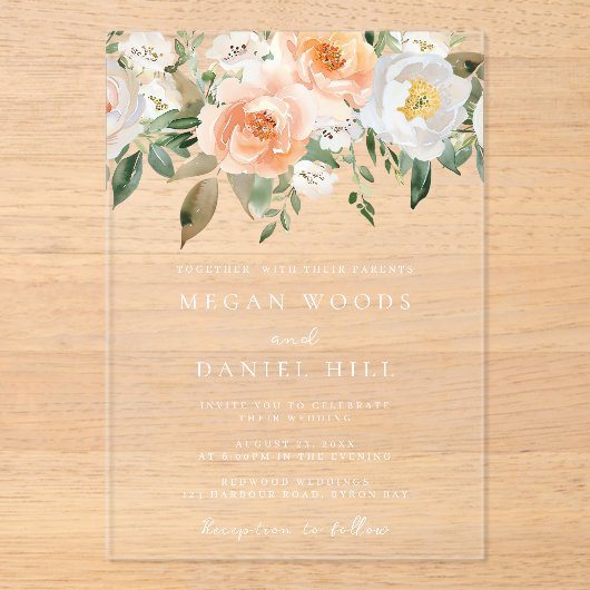 Invitations En Acrylique Belle Pêche Élégante & Mariage Floral Blanc (Recto)